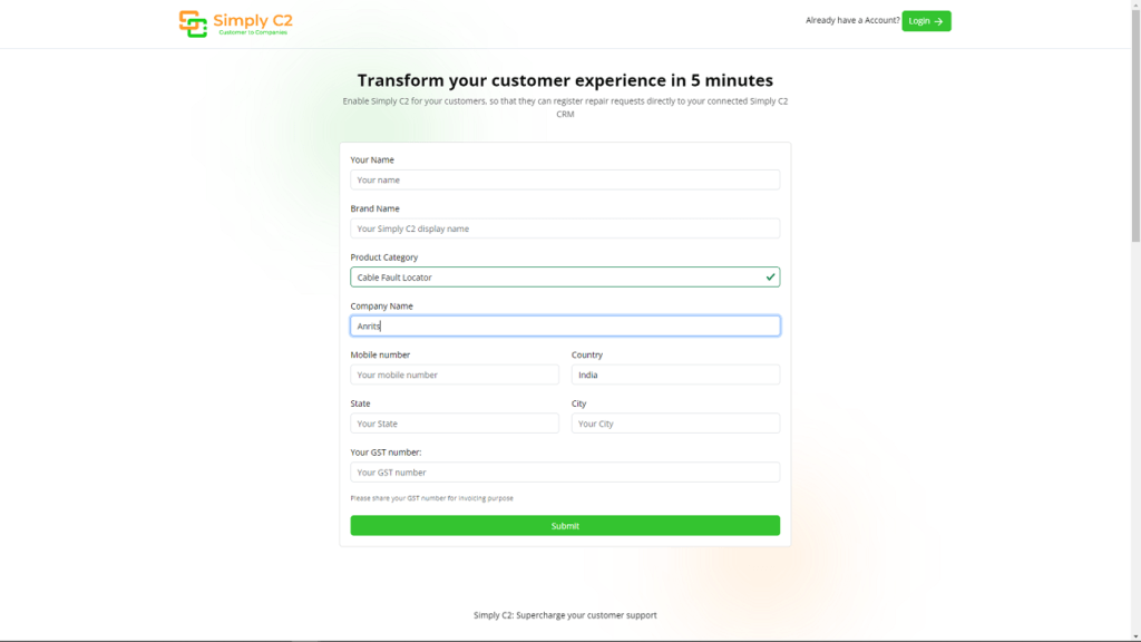 single page registration Simply C2