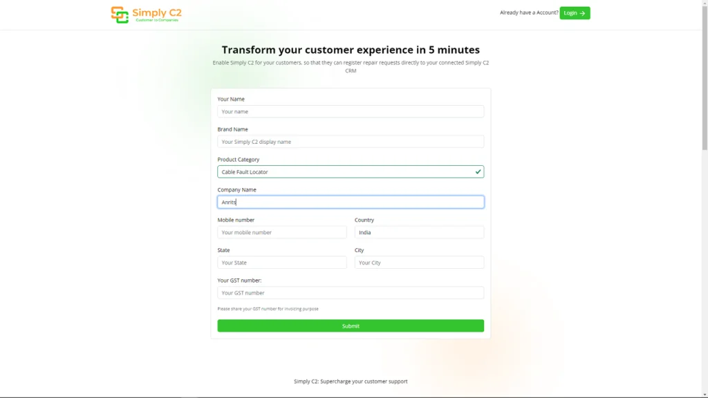 single page registration Simply C2