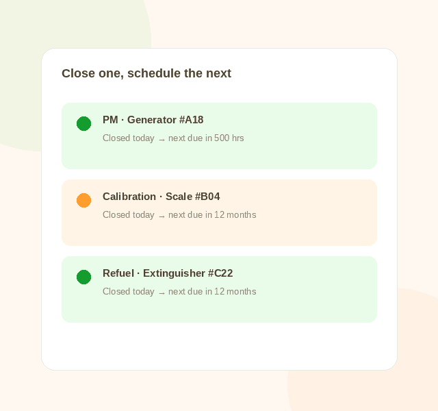 Closing a PM, calibration or refuel ticket automatically schedules the next one