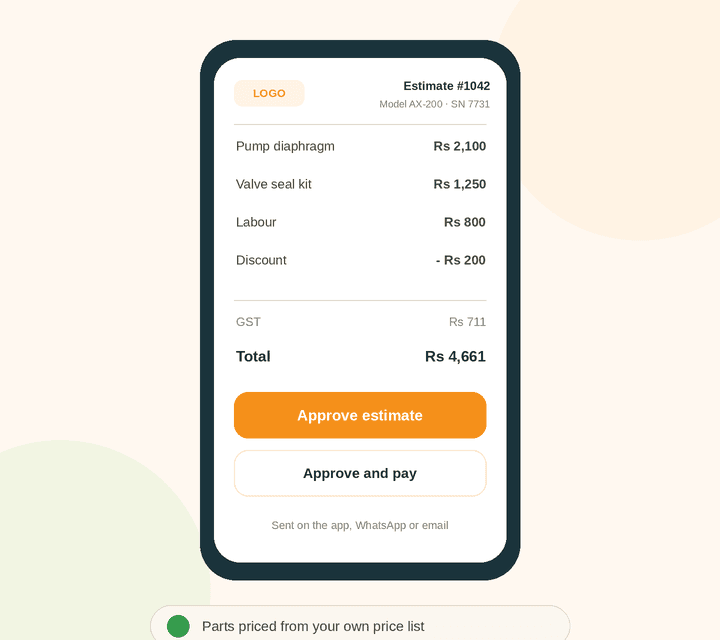Itemized repair estimate on the customer's phone: parts from the price list, labour, discount and GST, with buttons to approve the estimate or approve and pay